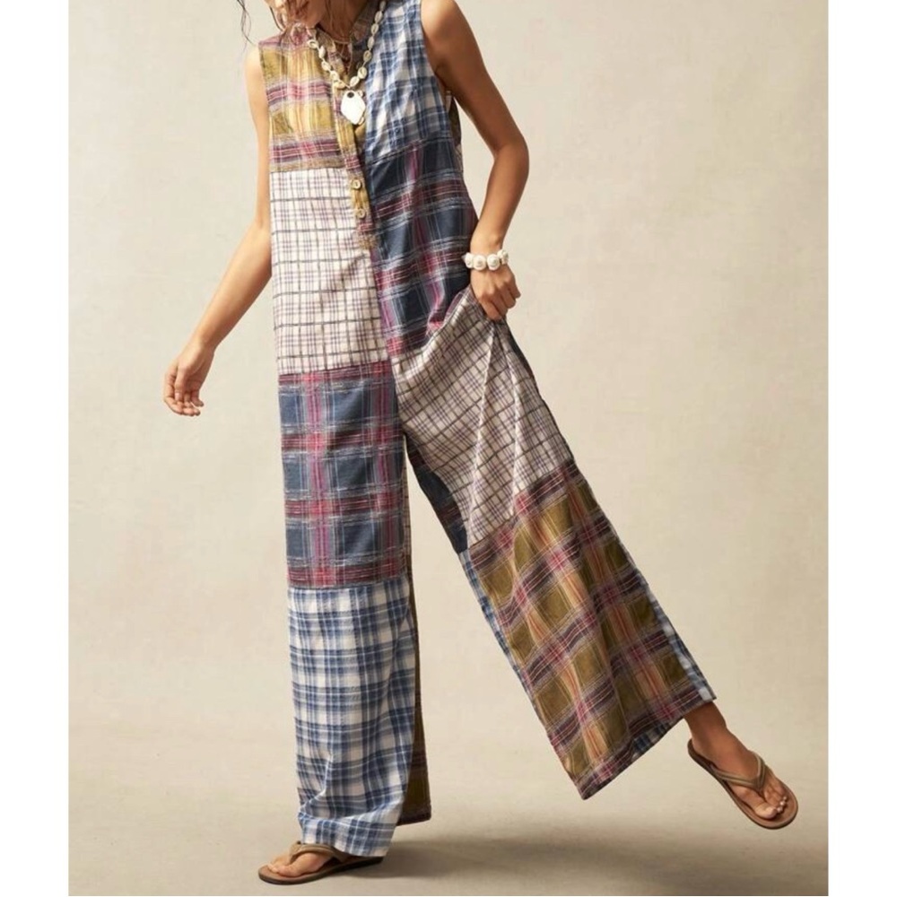 Plus Bohemian Plaid Patchwork Wide Leg Jumpsuit Jumper 1X 2X 3X 4X